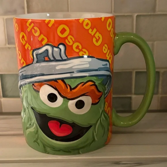 Oscar the Grouch Ceramic Coffee Cup / Mug - Green and Orange - Picture 1 of 4